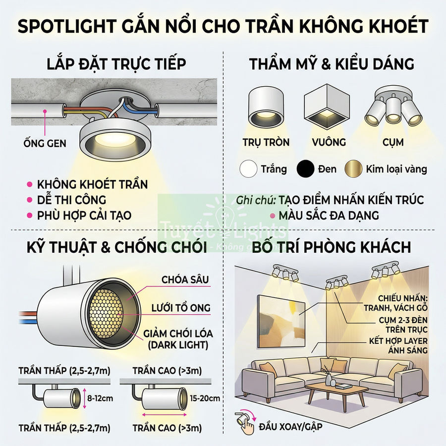Đèn spotlight gắn nổi cho trần không khoét, kiểu trụ tròn và cụm đèn chiếu sáng phòng khách